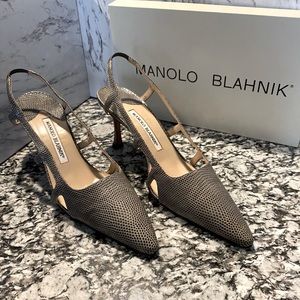 Manolo Blahnik Grey Faux Snakeskin Slingback Heels